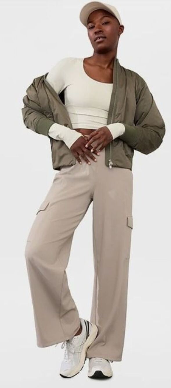 Athleta Cargo Pant Medium Venice High Rise Wide Leg Gray Griege Active Preppy